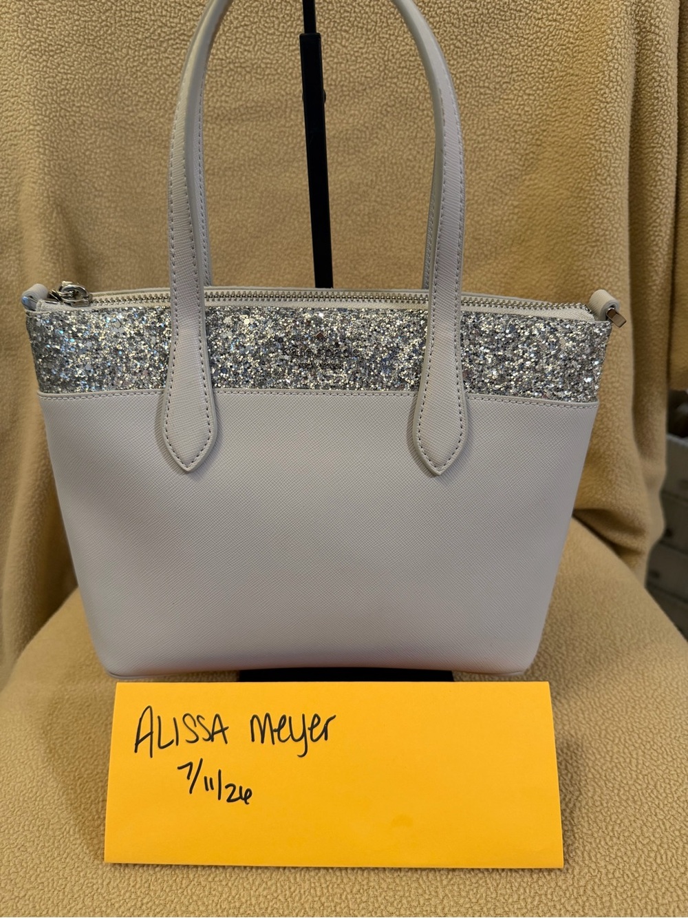 kate spade White Tote with Silver Glitter Trim